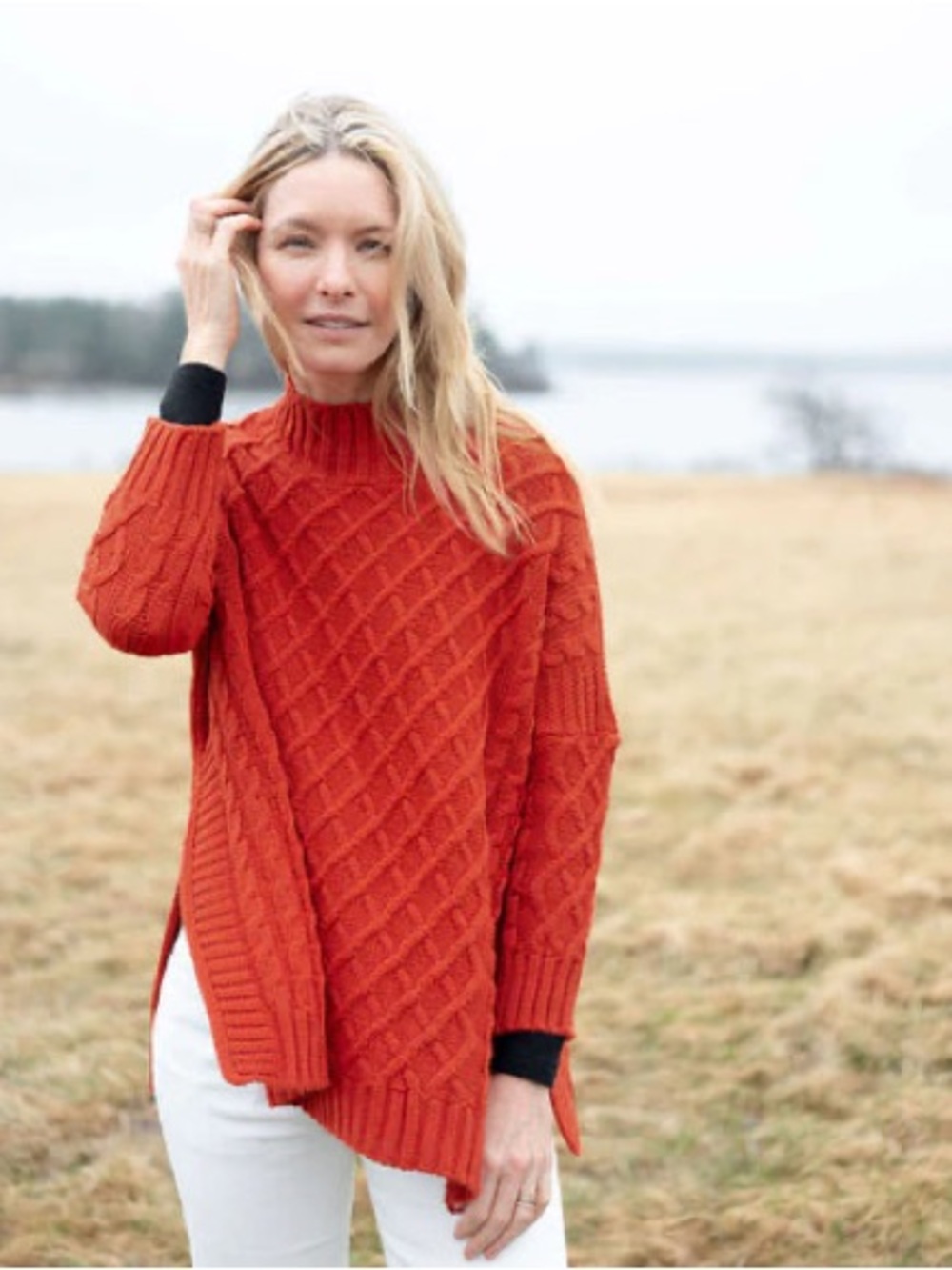 MERSEA Lisbon Traveler Mock Neck Lattice Sweater Persimmon One Size